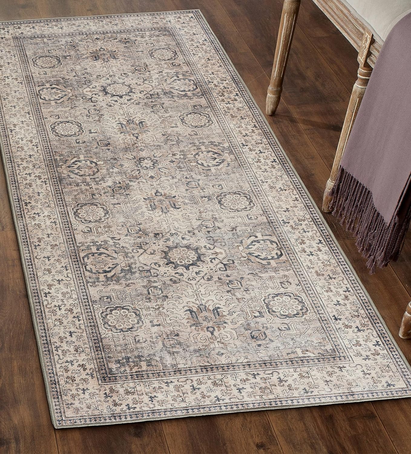 Machine Washable Area Rug - Living Room Bedroom Bathroom Kitchen Entryway Office - Padded Low Pile Stain Resistant Premium - Boho Vintage Traditional - Lyle - Blue 7'6" X 9'6"