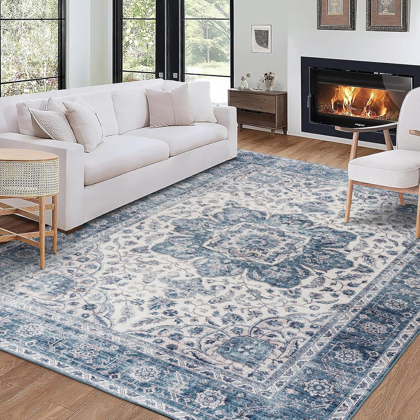 Machine Washable Area Rug - Living Room Bedroom Bathroom Kitchen Entryway Office - Padded Low Pile Stain Resistant Premium - Boho Vintage Traditional - Lyle - Blue 7'6" X 9'6"