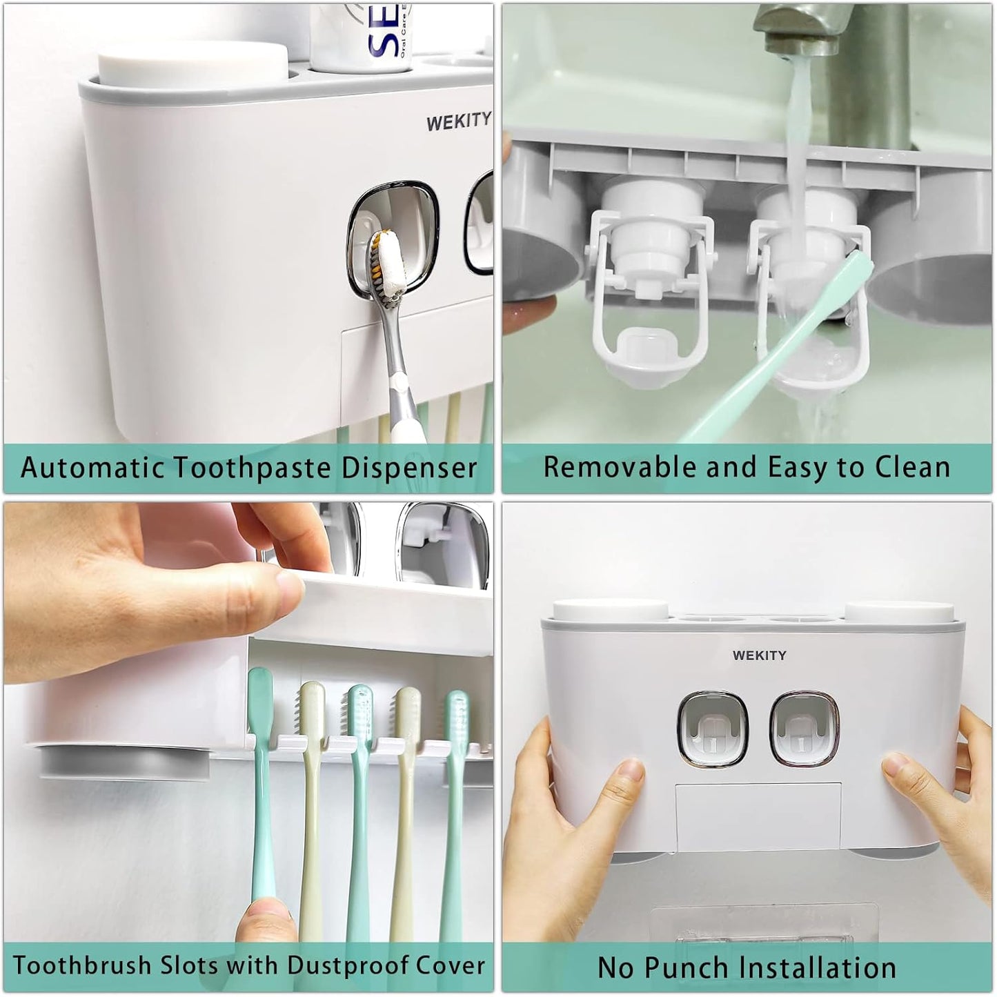 Toothbrush Holder Multi-Function Wall-Mounted Automatic Toothpaste Dispenser and Dust-Proof Toothbrush Holder with 5 Brush Slots 4 Cups 2 Automatic Toothpaste Dispensers 1 Storage Slot (Grey)