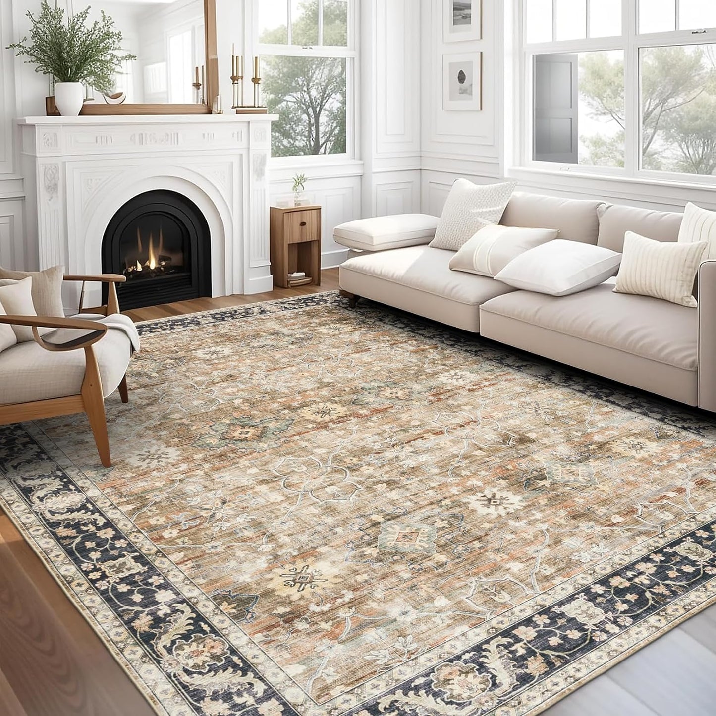 Machine Washable Area Rug - Living Room Bedroom Bathroom Kitchen Entryway Office - Padded Low Pile Stain Resistant Premium - Boho Vintage Traditional - Lyle - Blue 7'6" X 9'6"