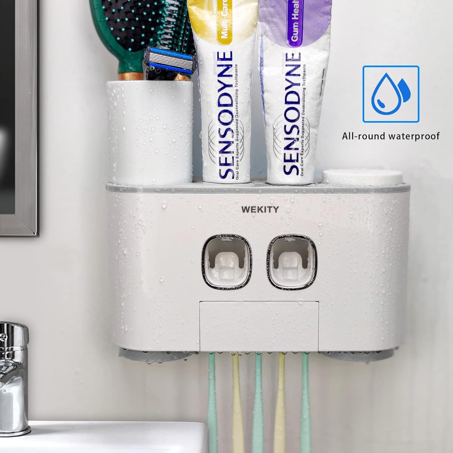 Toothbrush Holder Multi-Function Wall-Mounted Automatic Toothpaste Dispenser and Dust-Proof Toothbrush Holder with 5 Brush Slots 4 Cups 2 Automatic Toothpaste Dispensers 1 Storage Slot (Grey)