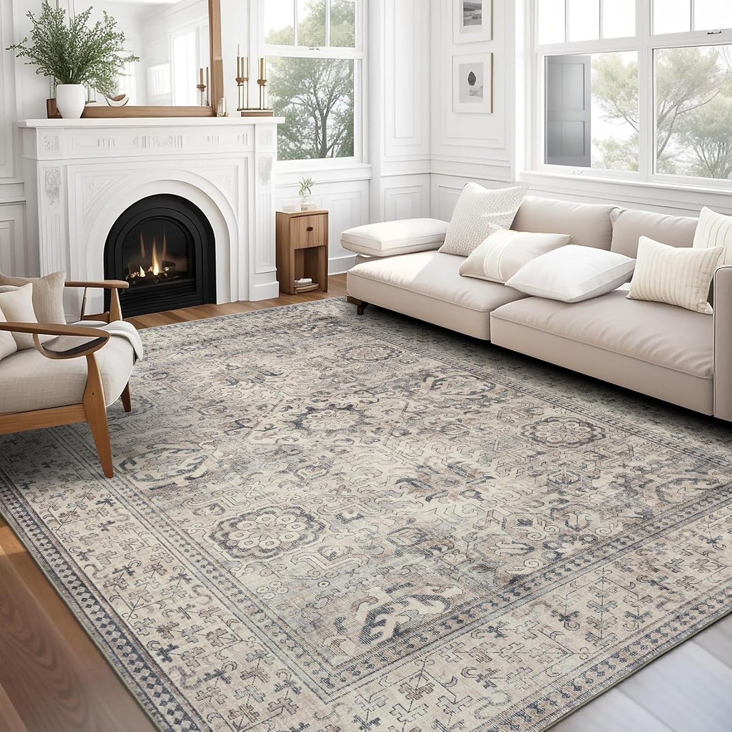 Machine Washable Area Rug - Living Room Bedroom Bathroom Kitchen Entryway Office - Padded Low Pile Stain Resistant Premium - Boho Vintage Traditional - Lyle - Blue 7'6" X 9'6"