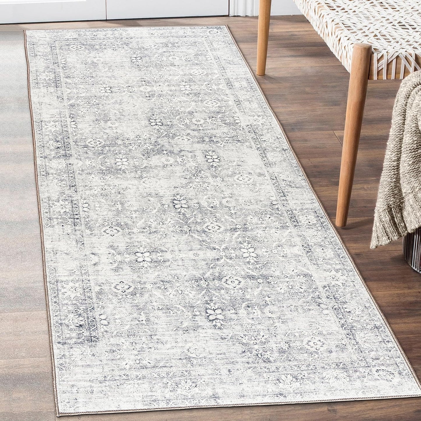 Machine Washable Area Rug - Living Room Bedroom Bathroom Kitchen Entryway Office - Padded Low Pile Stain Resistant Premium - Boho Vintage Traditional - Lyle - Blue 7'6" X 9'6"