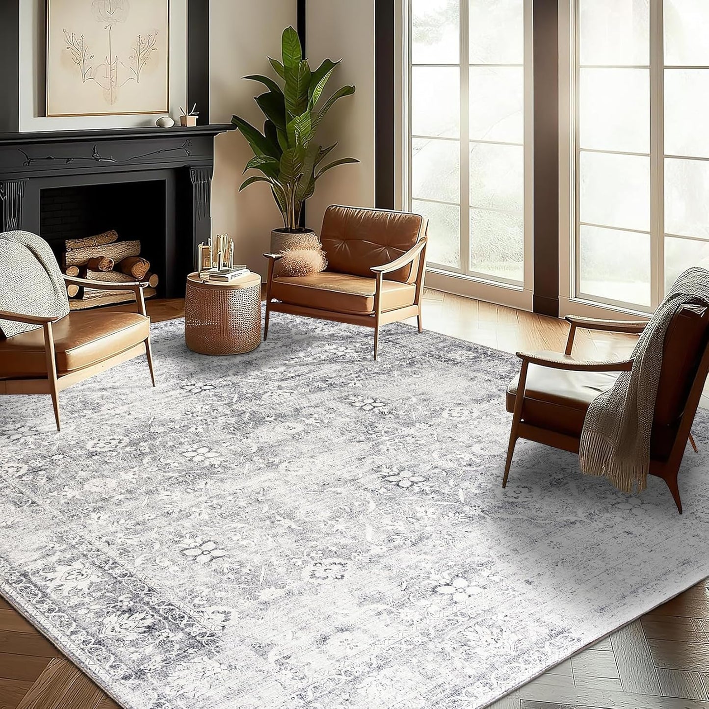 Machine Washable Area Rug - Living Room Bedroom Bathroom Kitchen Entryway Office - Padded Low Pile Stain Resistant Premium - Boho Vintage Traditional - Lyle - Blue 7'6" X 9'6"