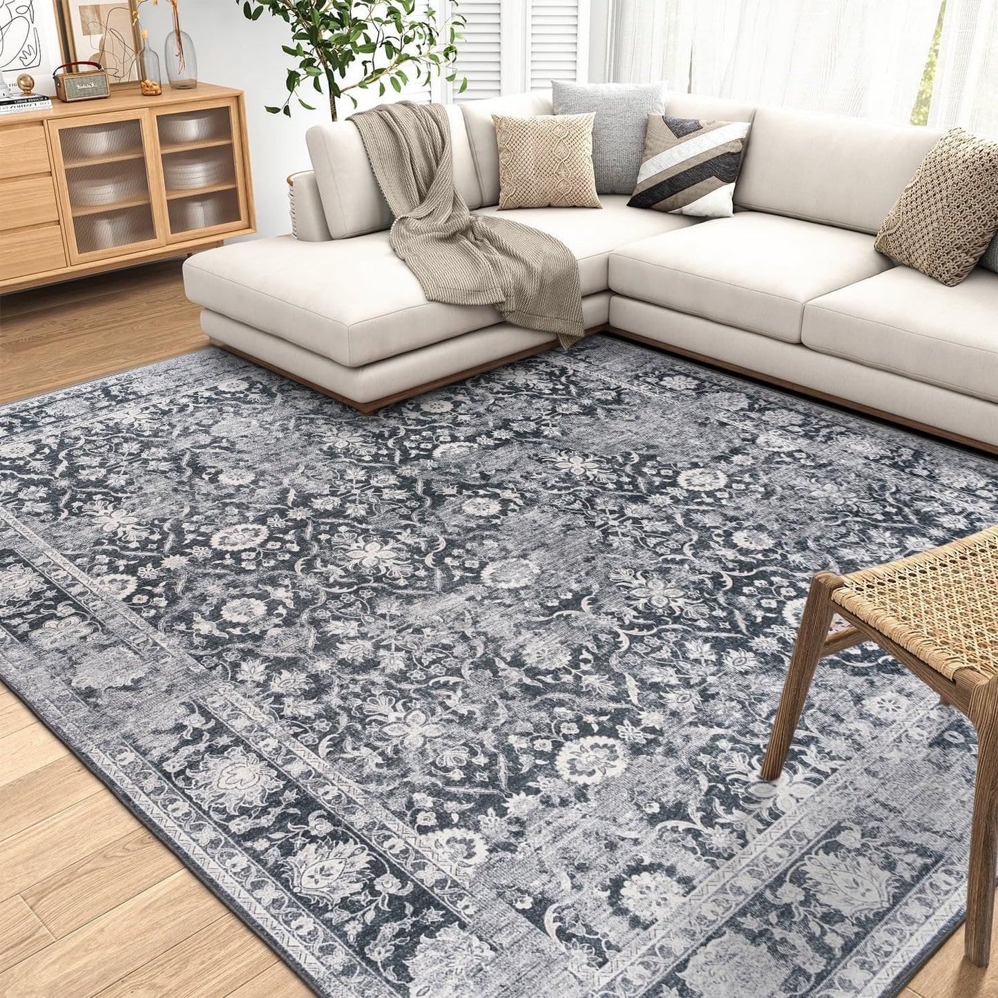 Machine Washable Area Rug - Living Room Bedroom Bathroom Kitchen Entryway Office - Padded Low Pile Stain Resistant Premium - Boho Vintage Traditional - Lyle - Blue 7'6" X 9'6"