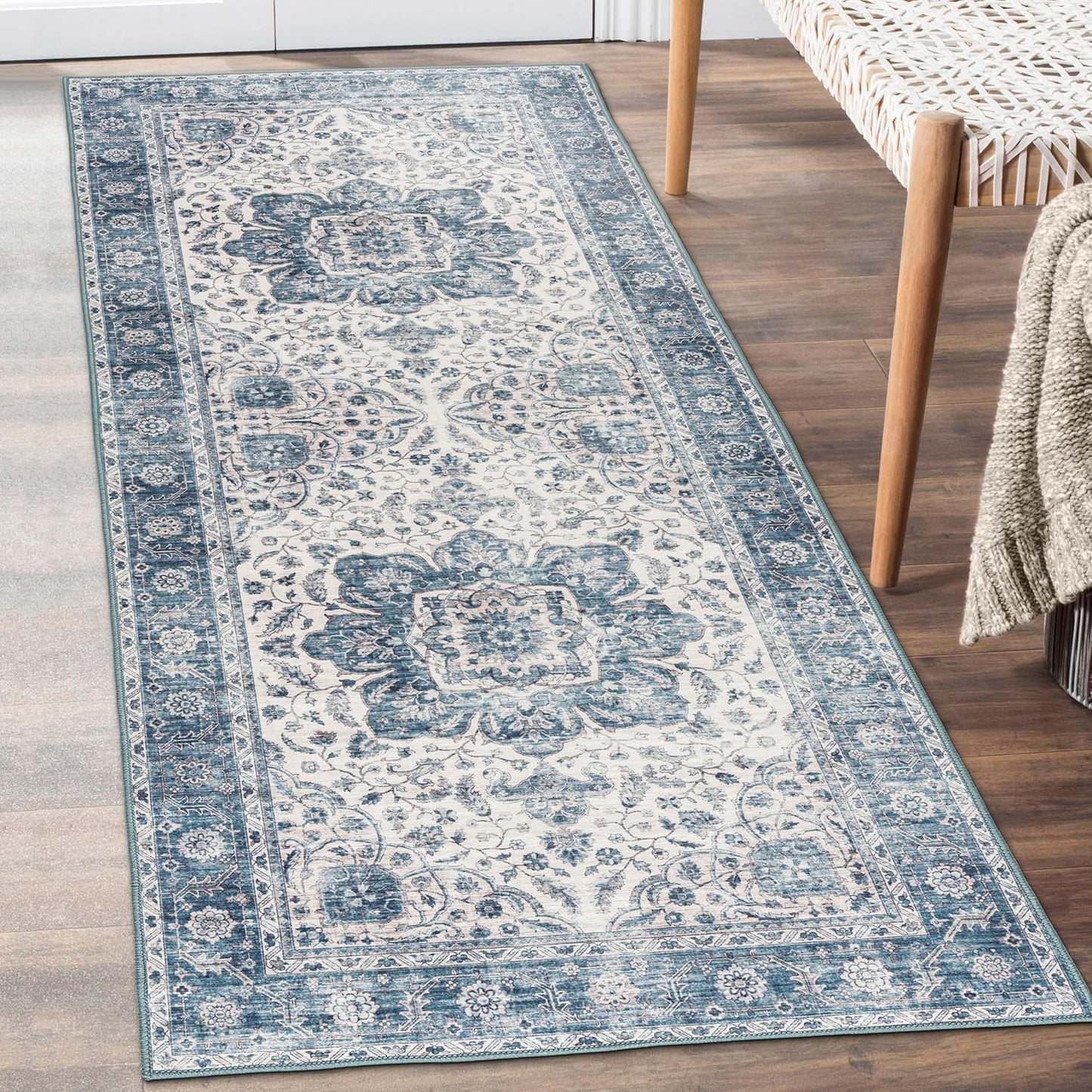 Machine Washable Area Rug - Living Room Bedroom Bathroom Kitchen Entryway Office - Padded Low Pile Stain Resistant Premium - Boho Vintage Traditional - Lyle - Blue 7'6" X 9'6"