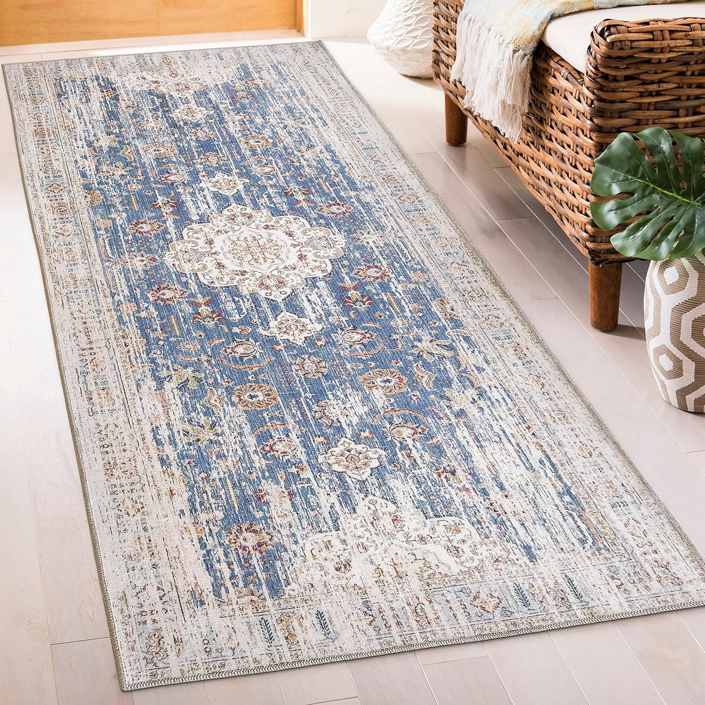 Machine Washable Area Rug - Living Room Bedroom Bathroom Kitchen Entryway Office - Padded Low Pile Stain Resistant Premium - Boho Vintage Traditional - Lyle - Blue 7'6" X 9'6"
