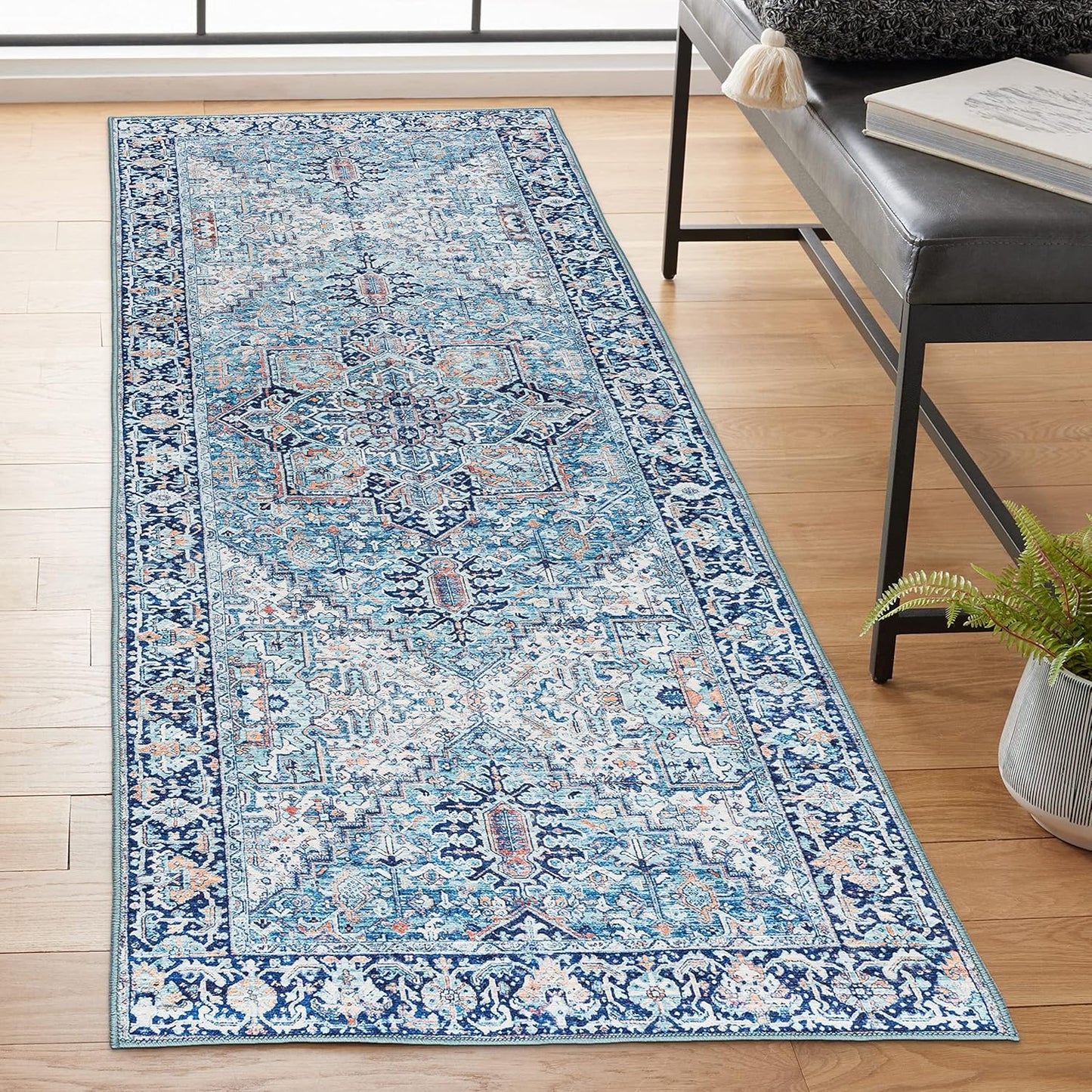 Machine Washable Area Rug - Living Room Bedroom Bathroom Kitchen Entryway Office - Padded Low Pile Stain Resistant Premium - Boho Vintage Traditional - Lyle - Blue 7'6" X 9'6"