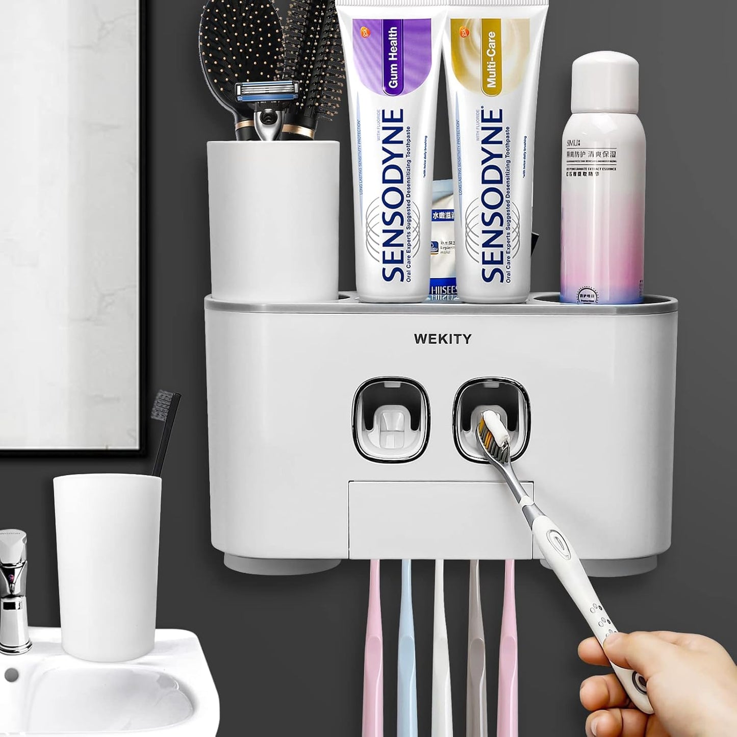 Toothbrush Holder Multi-Function Wall-Mounted Automatic Toothpaste Dispenser and Dust-Proof Toothbrush Holder with 5 Brush Slots 4 Cups 2 Automatic Toothpaste Dispensers 1 Storage Slot (Grey)