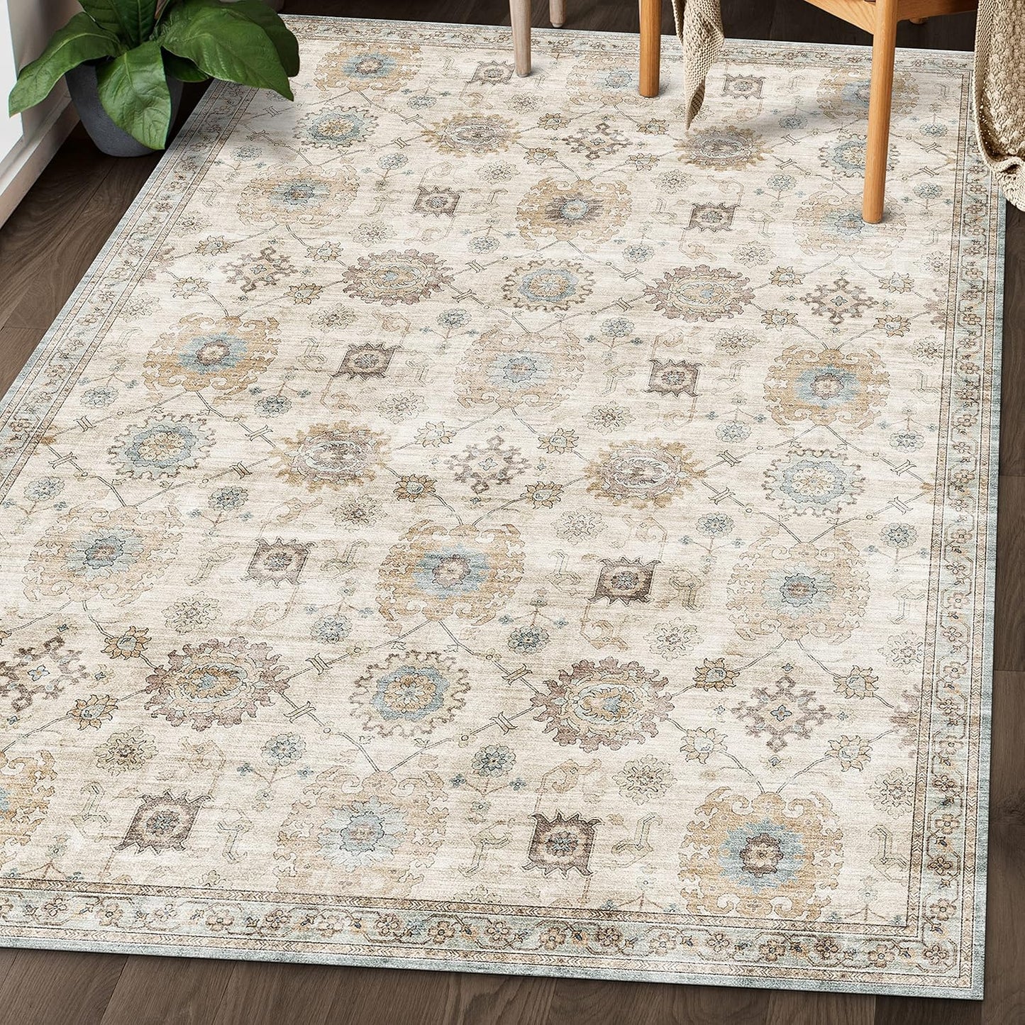 Machine Washable Area Rug - Living Room Bedroom Bathroom Kitchen Entryway Office - Padded Low Pile Stain Resistant Premium - Boho Vintage Traditional - Lyle - Blue 7'6" X 9'6"