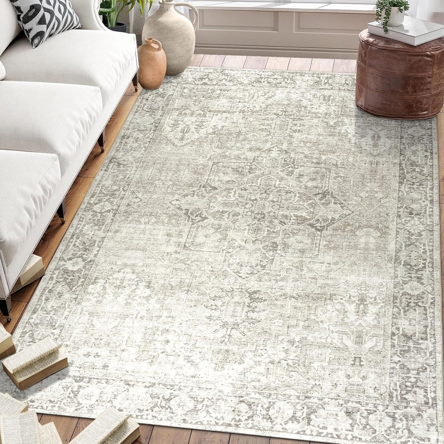 Machine Washable Area Rug - Living Room Bedroom Bathroom Kitchen Entryway Office - Padded Low Pile Stain Resistant Premium - Boho Vintage Traditional - Lyle - Blue 7'6" X 9'6"