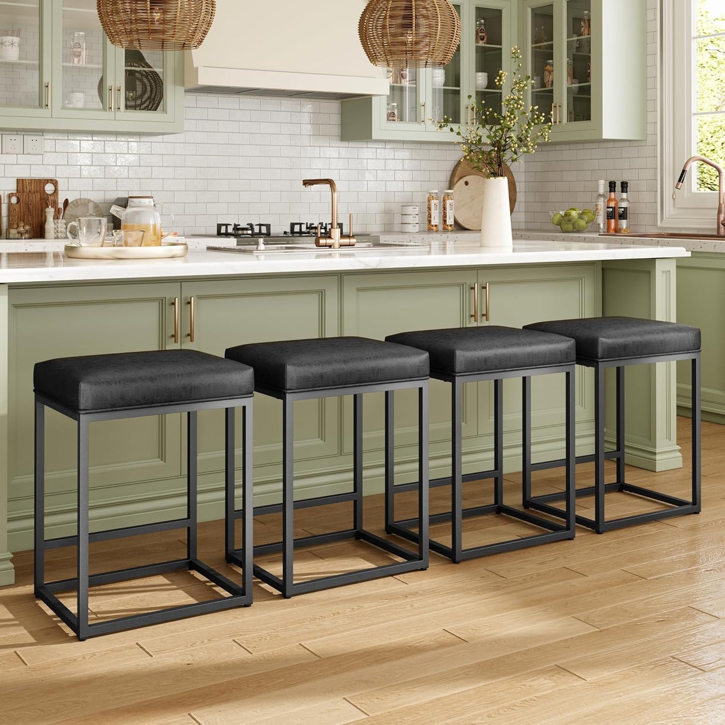 Counter Height 24" Bar Stools Set of 2 for Kitchen Counter Backless Modern Barstools Industrial Upholstered Faux Leather Stools Farmhouse Island Chairs, (24 Inch, Brown)