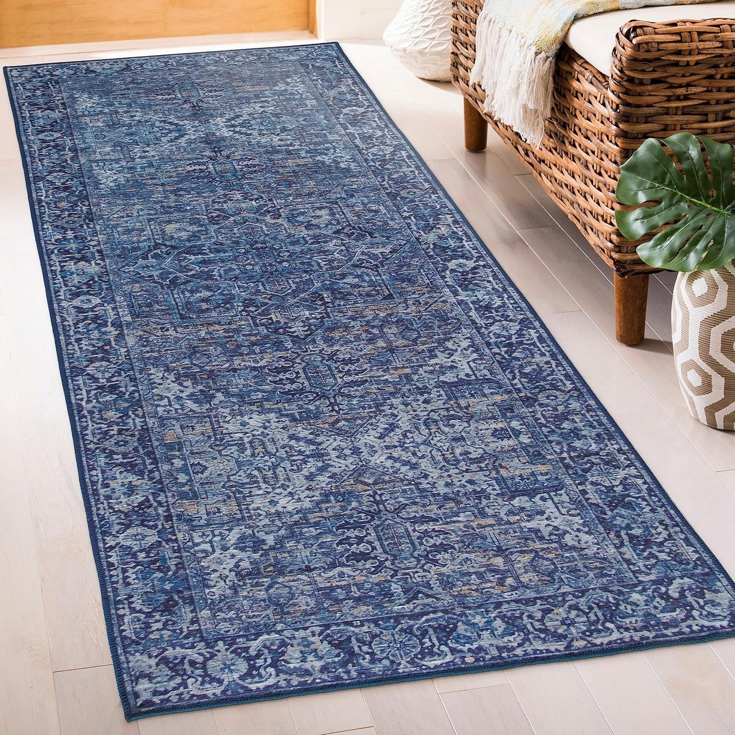Machine Washable Area Rug - Living Room Bedroom Bathroom Kitchen Entryway Office - Padded Low Pile Stain Resistant Premium - Boho Vintage Traditional - Lyle - Blue 7'6" X 9'6"