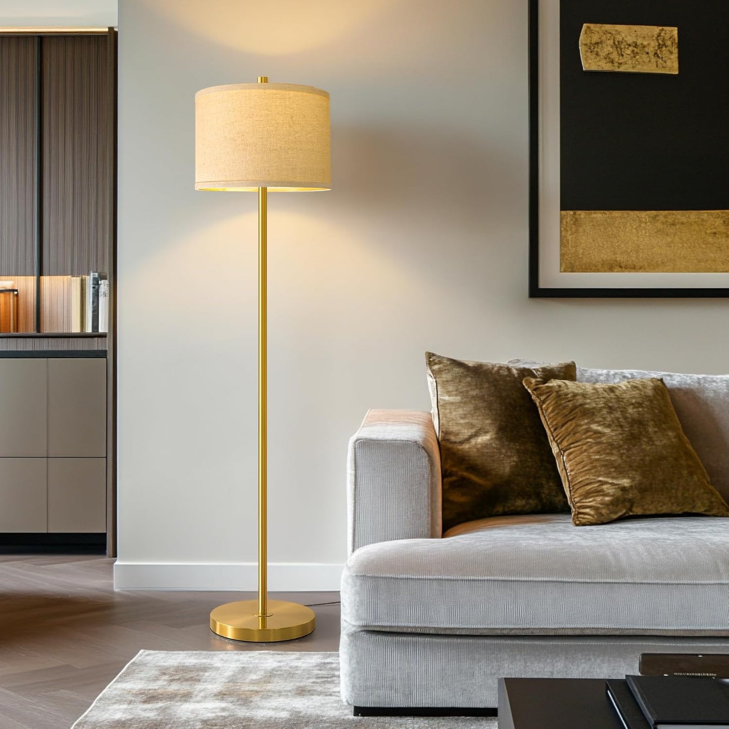 61” Modern Floor Lamp for Living Room, Gold Standing Lamp with Natural Linen Lampshade, Rustic Industrial Corner Floor Lamp with Rotary Switch for Bedroom, Study Room, Dining Room