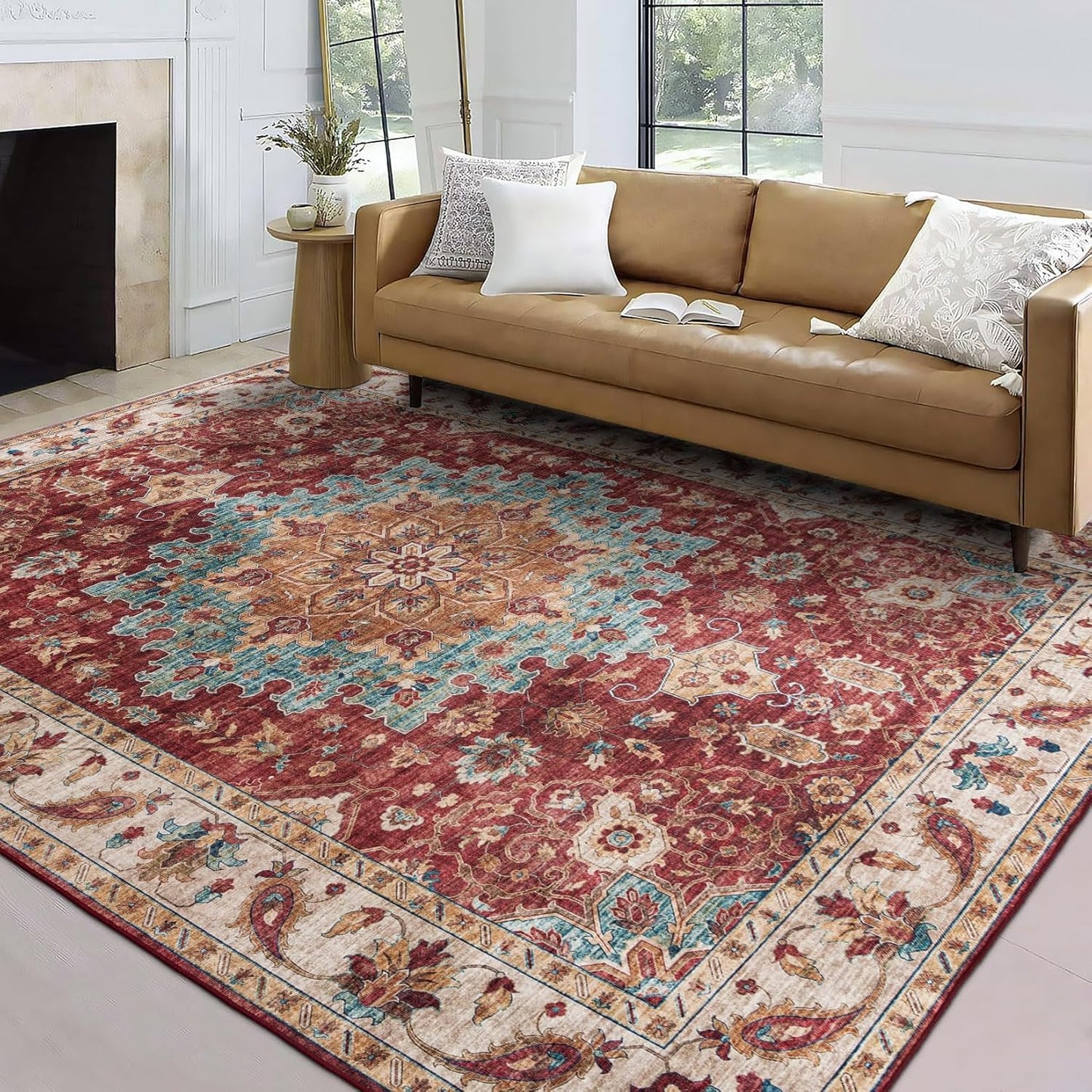 Machine Washable Area Rug - Living Room Bedroom Bathroom Kitchen Entryway Office - Padded Low Pile Stain Resistant Premium - Boho Vintage Traditional - Lyle - Blue 7'6" X 9'6"