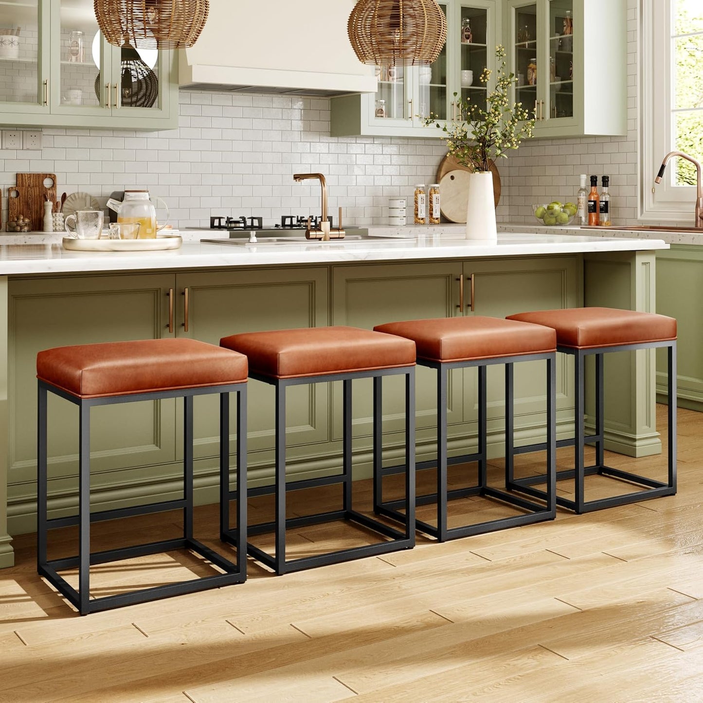 Counter Height 24" Bar Stools Set of 2 for Kitchen Counter Backless Modern Barstools Industrial Upholstered Faux Leather Stools Farmhouse Island Chairs, (24 Inch, Brown)