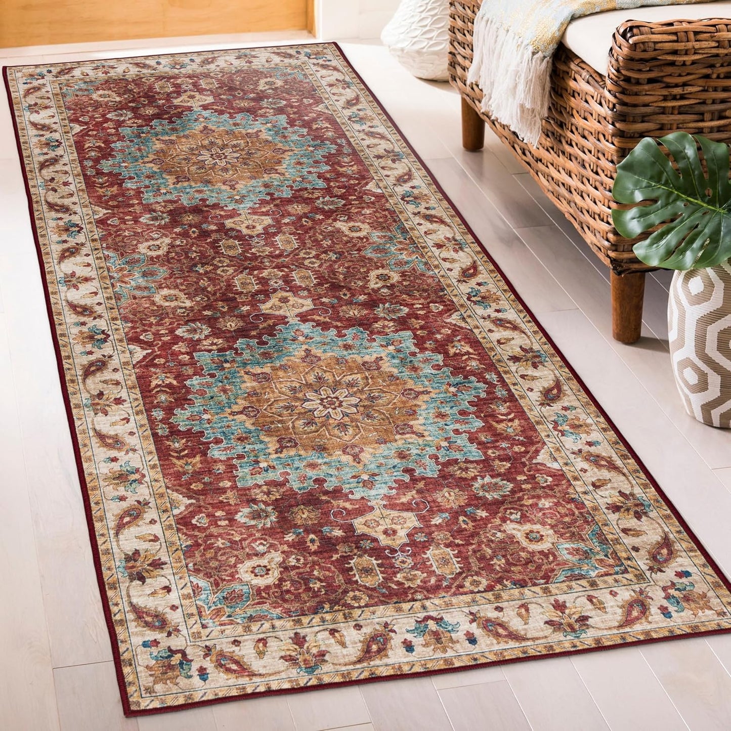 Machine Washable Area Rug - Living Room Bedroom Bathroom Kitchen Entryway Office - Padded Low Pile Stain Resistant Premium - Boho Vintage Traditional - Lyle - Blue 7'6" X 9'6"