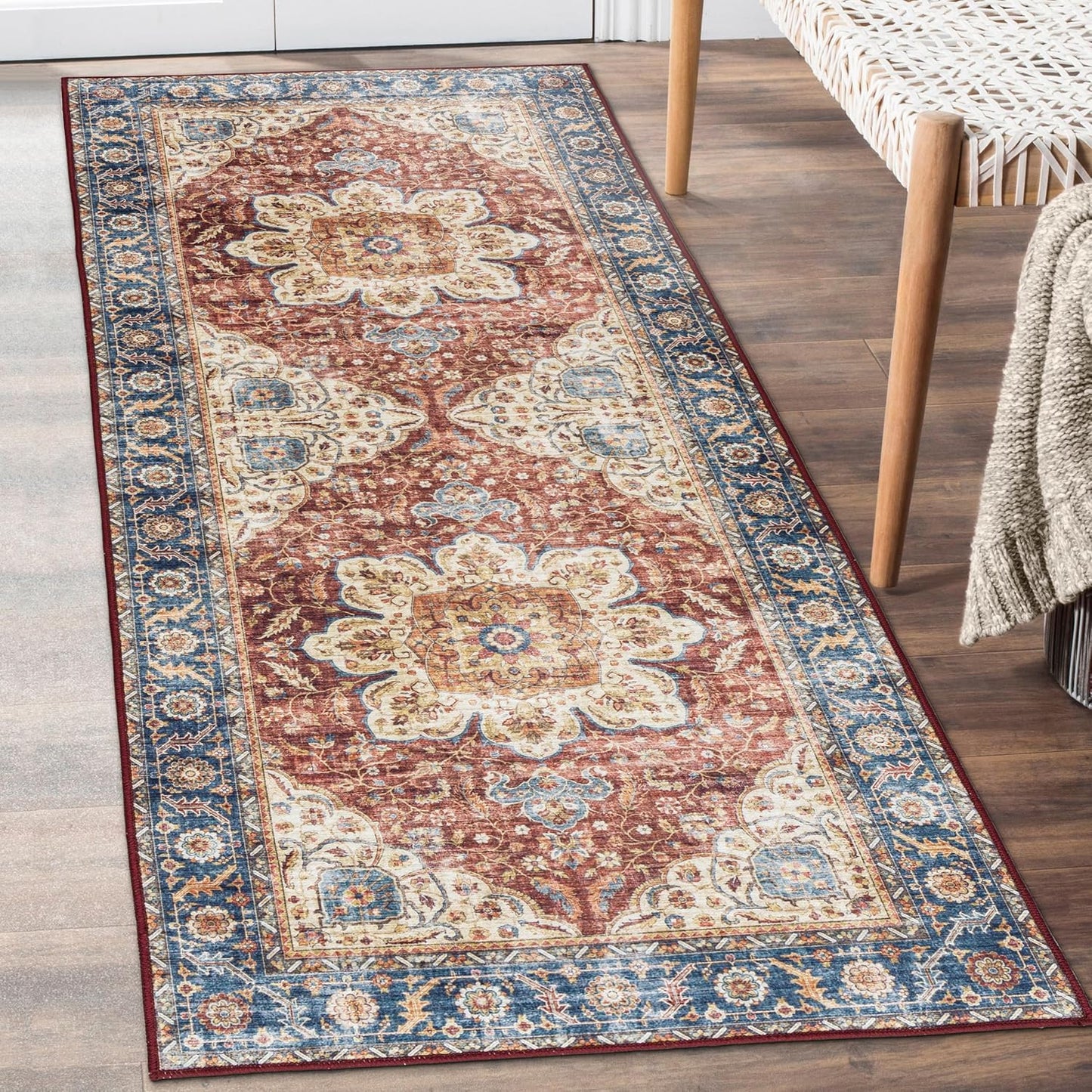 Machine Washable Area Rug - Living Room Bedroom Bathroom Kitchen Entryway Office - Padded Low Pile Stain Resistant Premium - Boho Vintage Traditional - Lyle - Blue 7'6" X 9'6"