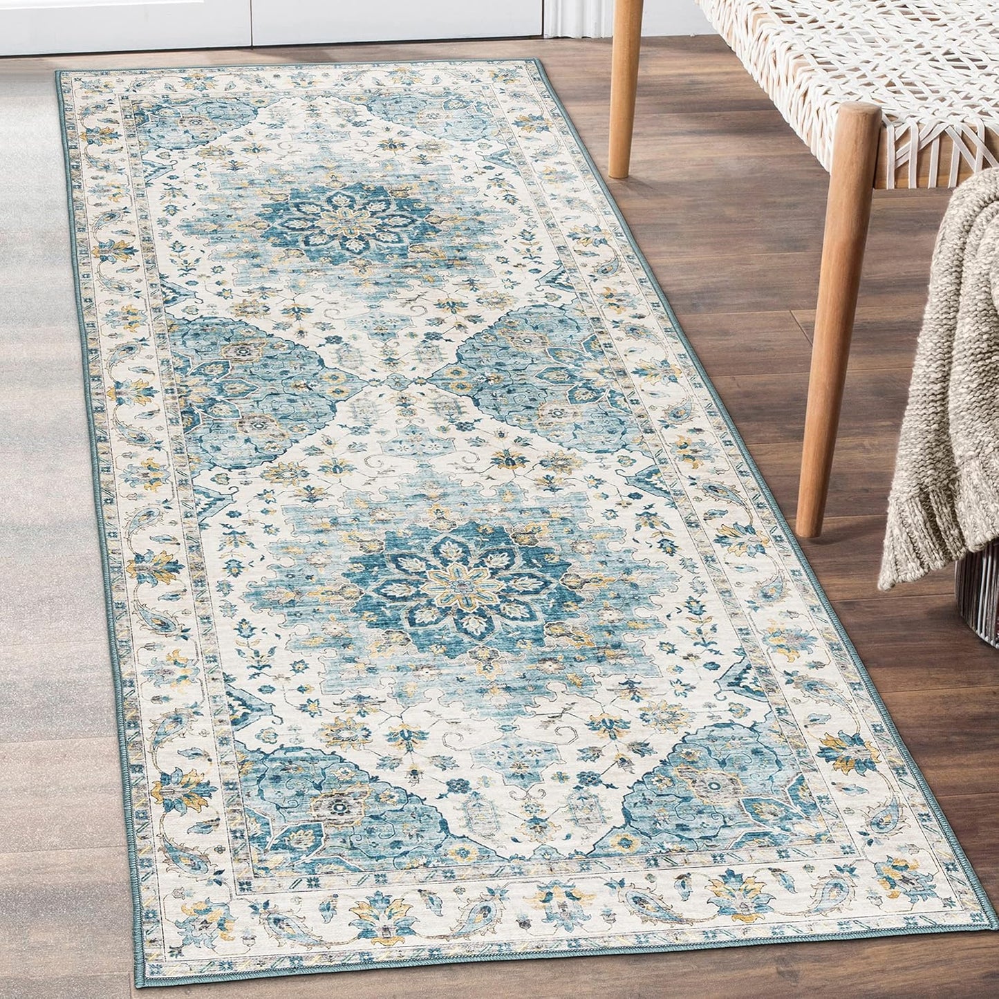 Machine Washable Area Rug - Living Room Bedroom Bathroom Kitchen Entryway Office - Padded Low Pile Stain Resistant Premium - Boho Vintage Traditional - Lyle - Blue 7'6" X 9'6"