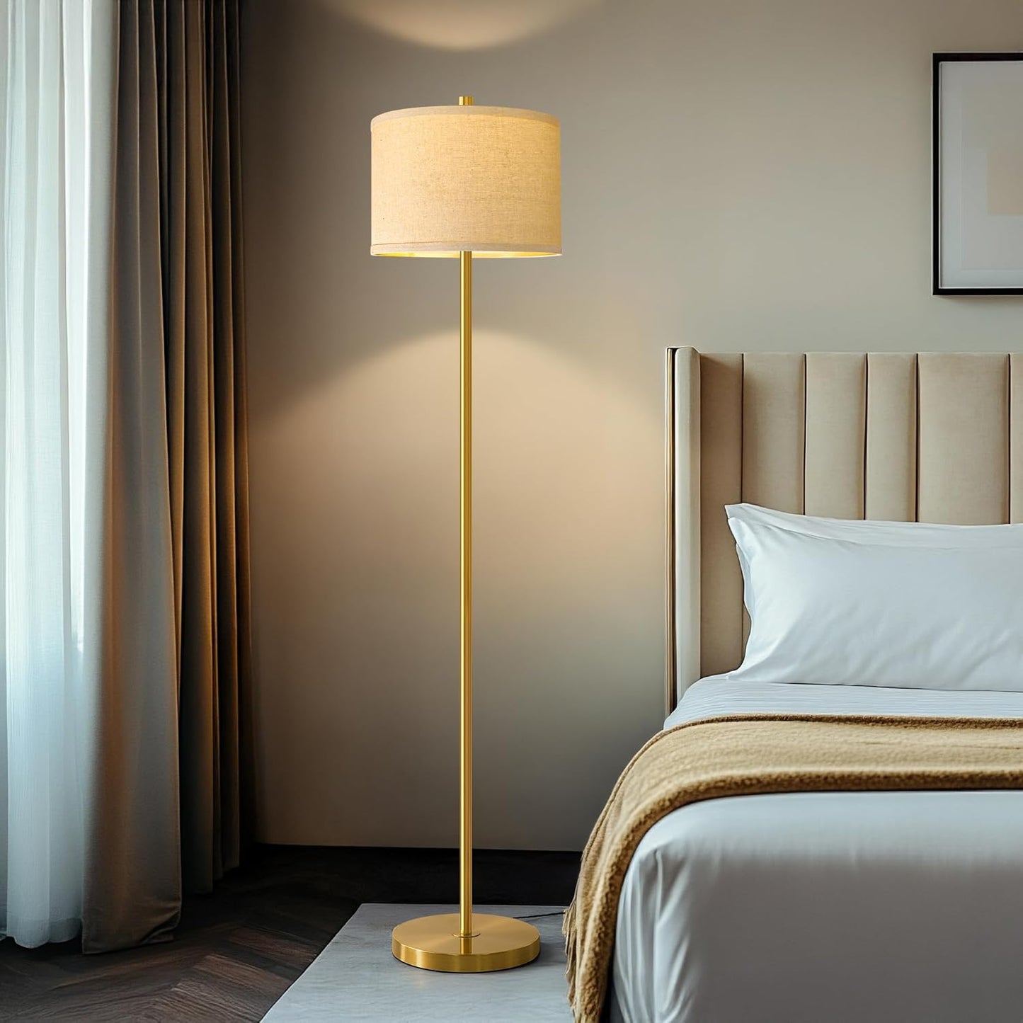 61” Modern Floor Lamp for Living Room, Gold Standing Lamp with Natural Linen Lampshade, Rustic Industrial Corner Floor Lamp with Rotary Switch for Bedroom, Study Room, Dining Room