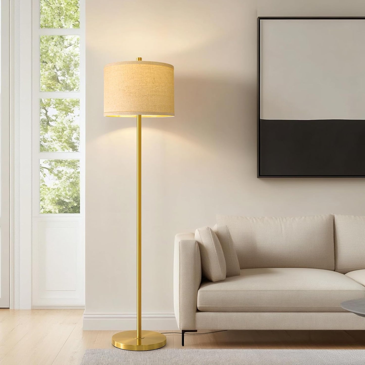 61” Modern Floor Lamp for Living Room, Gold Standing Lamp with Natural Linen Lampshade, Rustic Industrial Corner Floor Lamp with Rotary Switch for Bedroom, Study Room, Dining Room