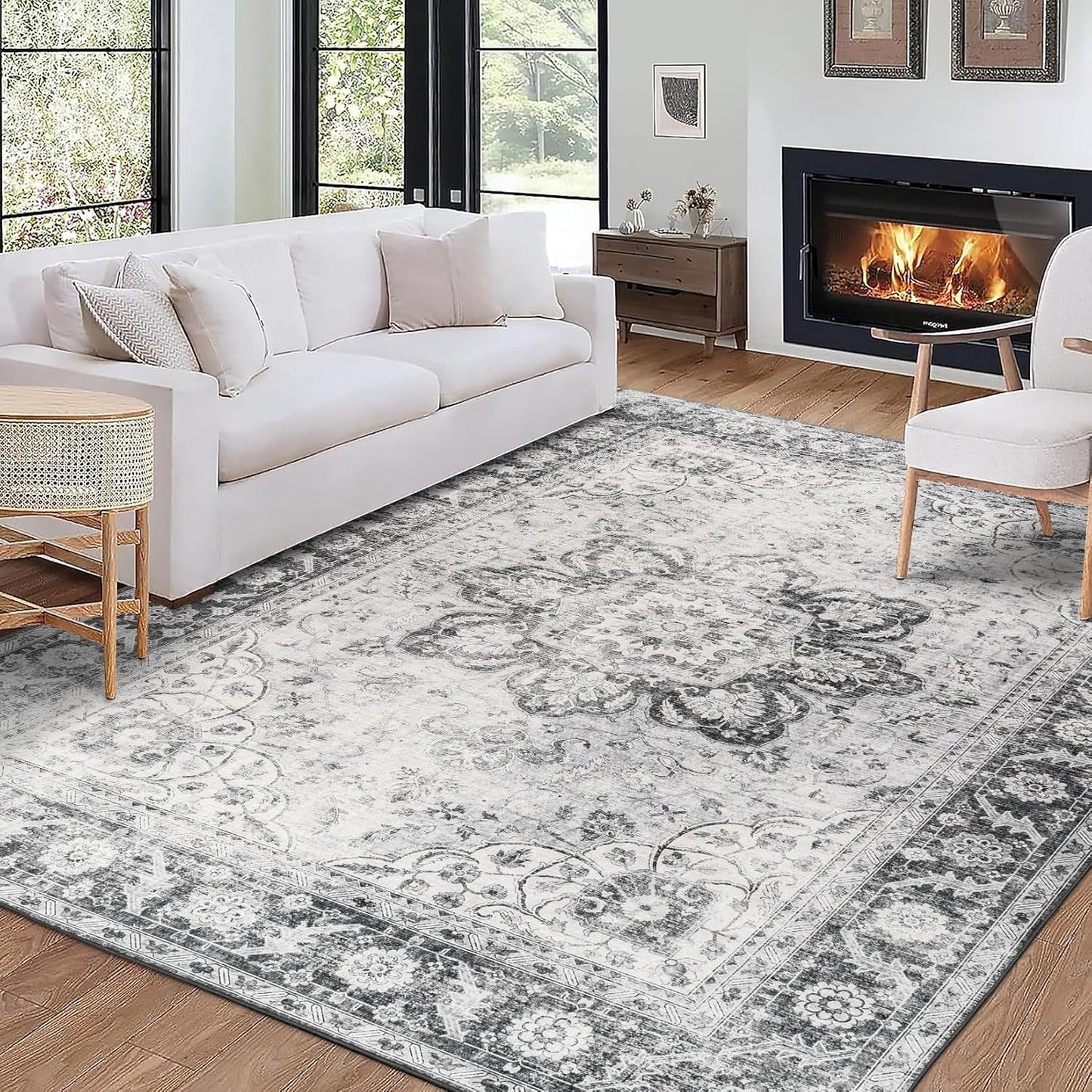 Machine Washable Area Rug - Living Room Bedroom Bathroom Kitchen Entryway Office - Padded Low Pile Stain Resistant Premium - Boho Vintage Traditional - Lyle - Blue 7'6" X 9'6"