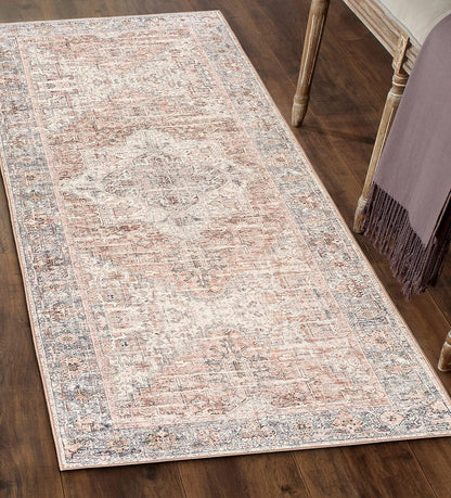 Machine Washable Area Rug - Living Room Bedroom Bathroom Kitchen Entryway Office - Padded Low Pile Stain Resistant Premium - Boho Vintage Traditional - Lyle - Blue 7'6" X 9'6"