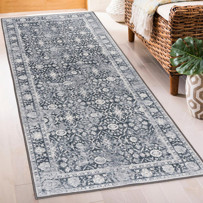 Machine Washable Area Rug - Living Room Bedroom Bathroom Kitchen Entryway Office - Padded Low Pile Stain Resistant Premium - Boho Vintage Traditional - Lyle - Blue 7'6" X 9'6"