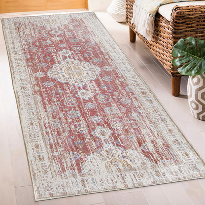 Machine Washable Area Rug - Living Room Bedroom Bathroom Kitchen Entryway Office - Padded Low Pile Stain Resistant Premium - Boho Vintage Traditional - Lyle - Blue 7'6" X 9'6"