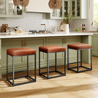 Counter Height 24" Bar Stools Set of 2 for Kitchen Counter Backless Modern Barstools Industrial Upholstered Faux Leather Stools Farmhouse Island Chairs, (24 Inch, Brown)