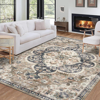 Machine Washable Area Rug - Living Room Bedroom Bathroom Kitchen Entryway Office - Padded Low Pile Stain Resistant Premium - Boho Vintage Traditional - Lyle - Blue 7'6" X 9'6"