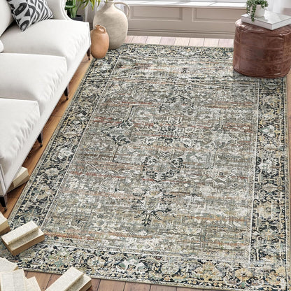 Machine Washable Area Rug - Living Room Bedroom Bathroom Kitchen Entryway Office - Padded Low Pile Stain Resistant Premium - Boho Vintage Traditional - Lyle - Blue 7'6" X 9'6"