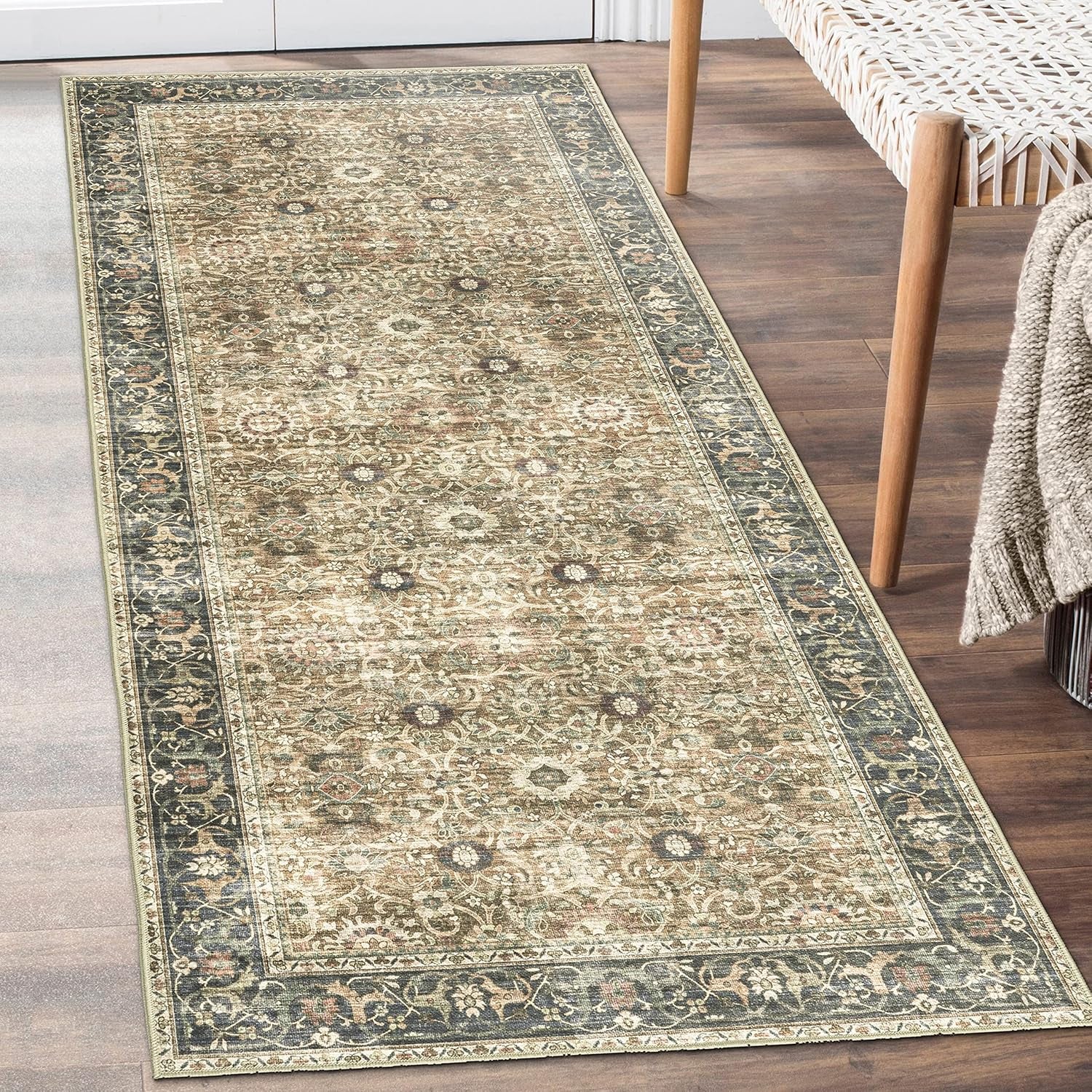 Machine Washable Area Rug - Living Room Bedroom Bathroom Kitchen Entryway Office - Padded Low Pile Stain Resistant Premium - Boho Vintage Traditional - Lyle - Blue 7'6" X 9'6"