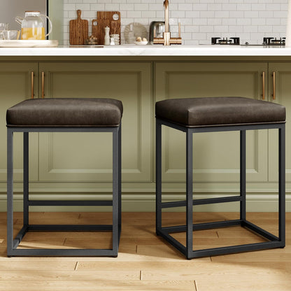 Counter Height 24" Bar Stools Set of 2 for Kitchen Counter Backless Modern Barstools Industrial Upholstered Faux Leather Stools Farmhouse Island Chairs, (24 Inch, Brown)