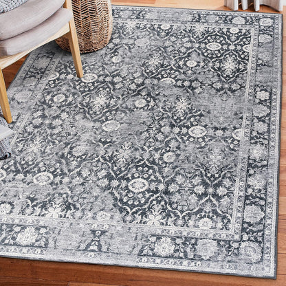 Machine Washable Area Rug - Living Room Bedroom Bathroom Kitchen Entryway Office - Padded Low Pile Stain Resistant Premium - Boho Vintage Traditional - Lyle - Blue 7'6" X 9'6"