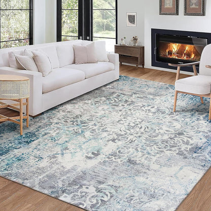Machine Washable Area Rug - Living Room Bedroom Bathroom Kitchen Entryway Office - Padded Low Pile Stain Resistant Premium - Boho Vintage Traditional - Lyle - Blue 7'6" X 9'6"