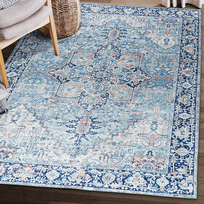 Machine Washable Area Rug - Living Room Bedroom Bathroom Kitchen Entryway Office - Padded Low Pile Stain Resistant Premium - Boho Vintage Traditional - Lyle - Blue 7'6" X 9'6"