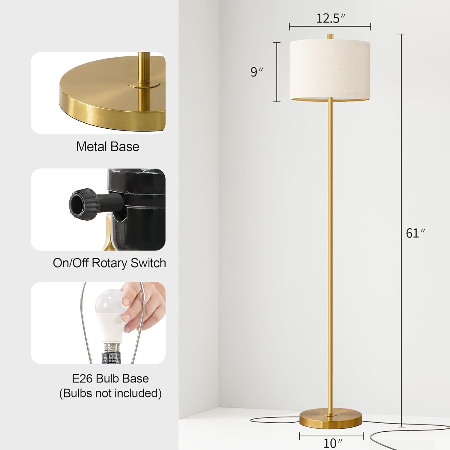 61” Modern Floor Lamp for Living Room, Gold Standing Lamp with Natural Linen Lampshade, Rustic Industrial Corner Floor Lamp with Rotary Switch for Bedroom, Study Room, Dining Room