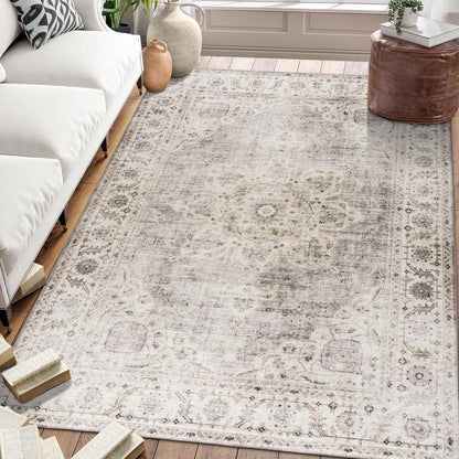 Machine Washable Area Rug - Living Room Bedroom Bathroom Kitchen Entryway Office - Padded Low Pile Stain Resistant Premium - Boho Vintage Traditional - Lyle - Blue 7'6" X 9'6"