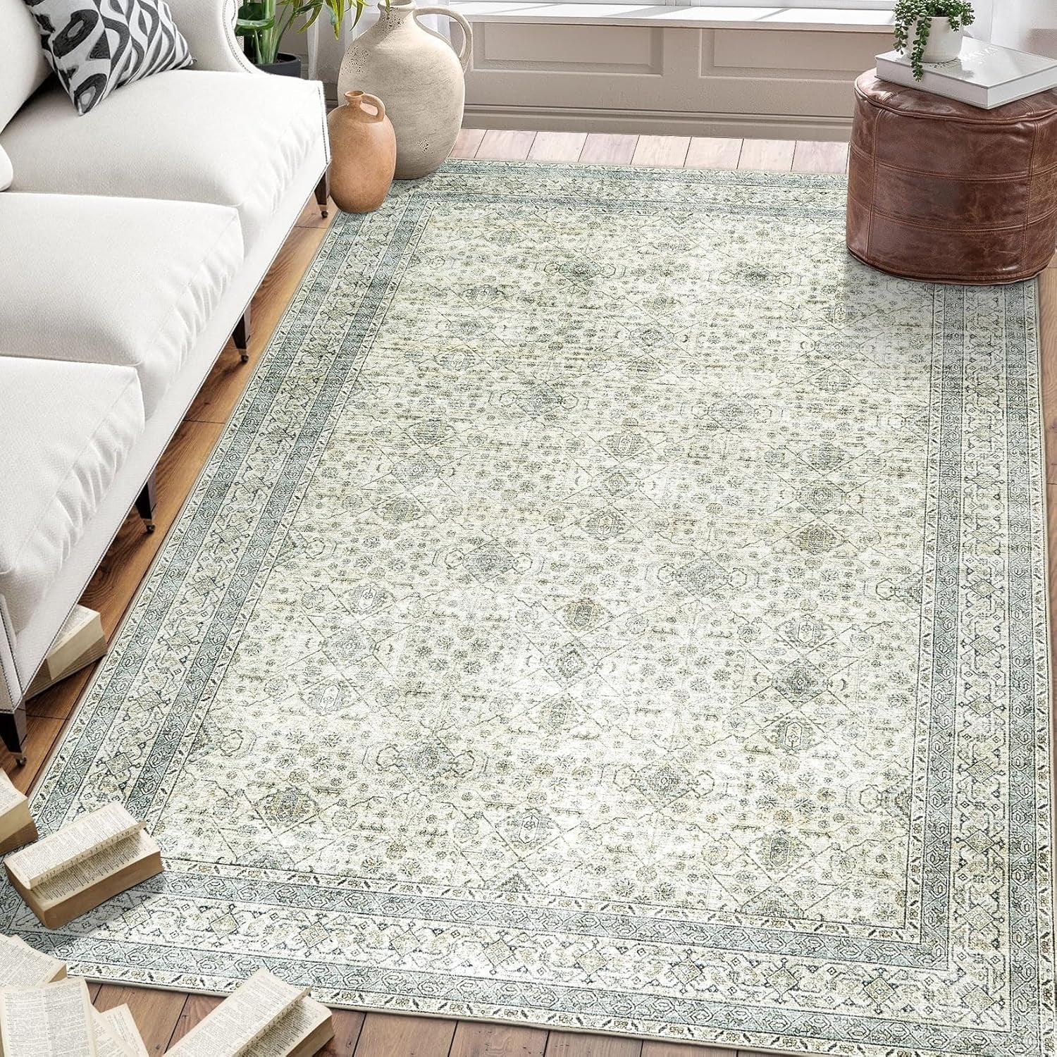Machine Washable Area Rug - Living Room Bedroom Bathroom Kitchen Entryway Office - Padded Low Pile Stain Resistant Premium - Boho Vintage Traditional - Lyle - Blue 7'6" X 9'6"