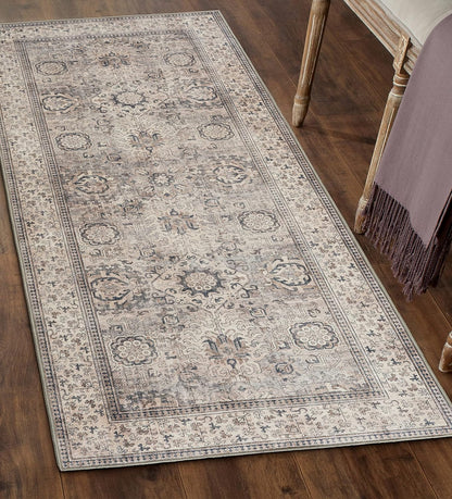 Machine Washable Area Rug - Living Room Bedroom Bathroom Kitchen Entryway Office - Padded Low Pile Stain Resistant Premium - Boho Vintage Traditional - Lyle - Blue 7'6" X 9'6"