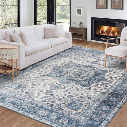 Machine Washable Area Rug - Living Room Bedroom Bathroom Kitchen Entryway Office - Padded Low Pile Stain Resistant Premium - Boho Vintage Traditional - Lyle - Blue 7'6" X 9'6"