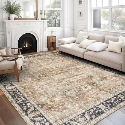 Machine Washable Area Rug - Living Room Bedroom Bathroom Kitchen Entryway Office - Padded Low Pile Stain Resistant Premium - Boho Vintage Traditional - Lyle - Blue 7'6" X 9'6"