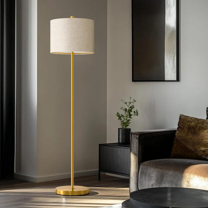 61” Modern Floor Lamp for Living Room, Gold Standing Lamp with Natural Linen Lampshade, Rustic Industrial Corner Floor Lamp with Rotary Switch for Bedroom, Study Room, Dining Room