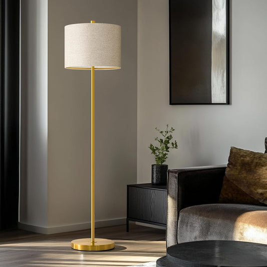 61” Modern Floor Lamp for Living Room, Gold Standing Lamp with Natural Linen Lampshade, Rustic Industrial Corner Floor Lamp with Rotary Switch for Bedroom, Study Room, Dining Room
