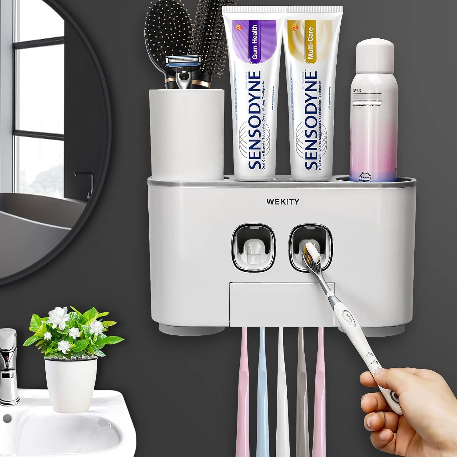 Toothbrush Holder  Multi-Function Wall-Mounted Automatic Toothpaste Dispenser and Dust-Proof Toothbrush Holder with 5 Brush Slots 4 Cups 2 Automatic Toothpaste Dispensers 1 Storage Slot (Grey)