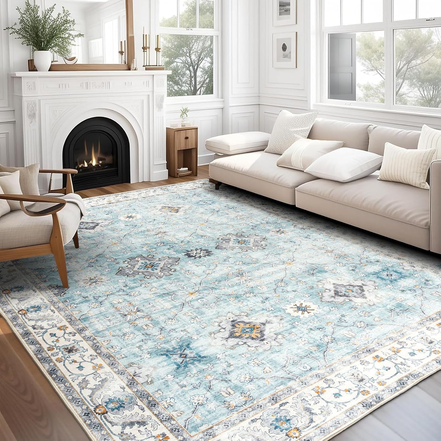 Machine Washable Area Rug - Living Room Bedroom Bathroom Kitchen Entryway Office - Padded Low Pile Stain Resistant Premium - Boho Vintage Traditional - Lyle - Blue 7'6" X 9'6"
