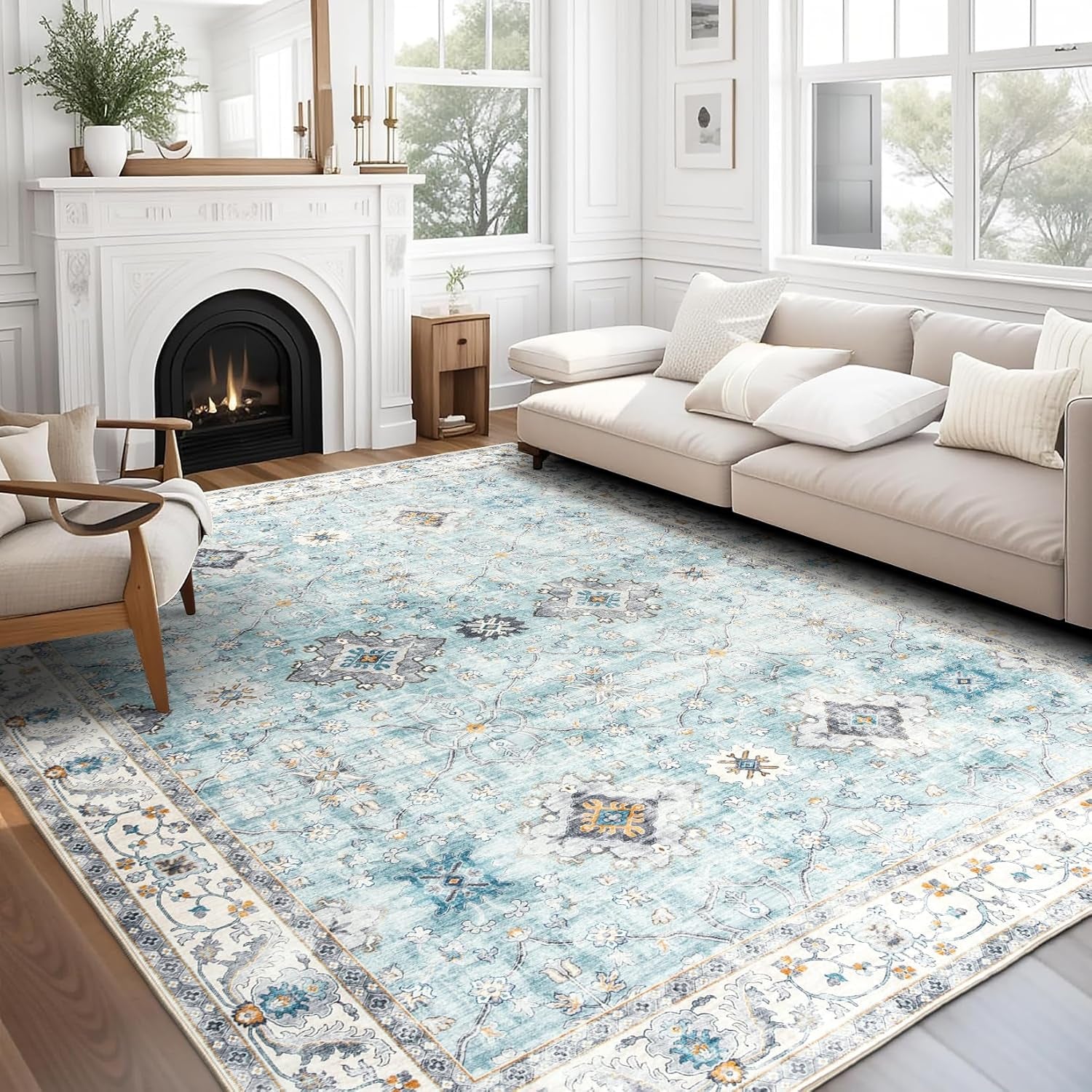 Machine Washable Area Rug - Living Room Bedroom Bathroom Kitchen Entryway Office - Padded Low Pile Stain Resistant Premium - Boho Vintage Traditional - Lyle - Blue 7'6" X 9'6"