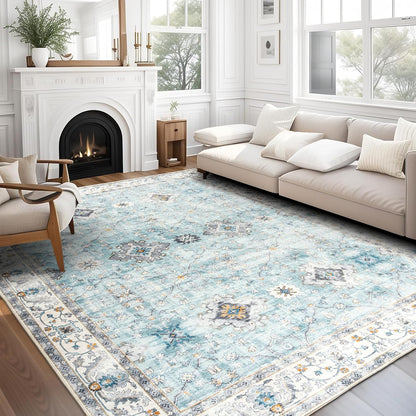 Machine Washable Area Rug - Living Room Bedroom Bathroom Kitchen Entryway Office - Padded Low Pile Stain Resistant Premium - Boho Vintage Traditional - Lyle - Blue 7'6" X 9'6"