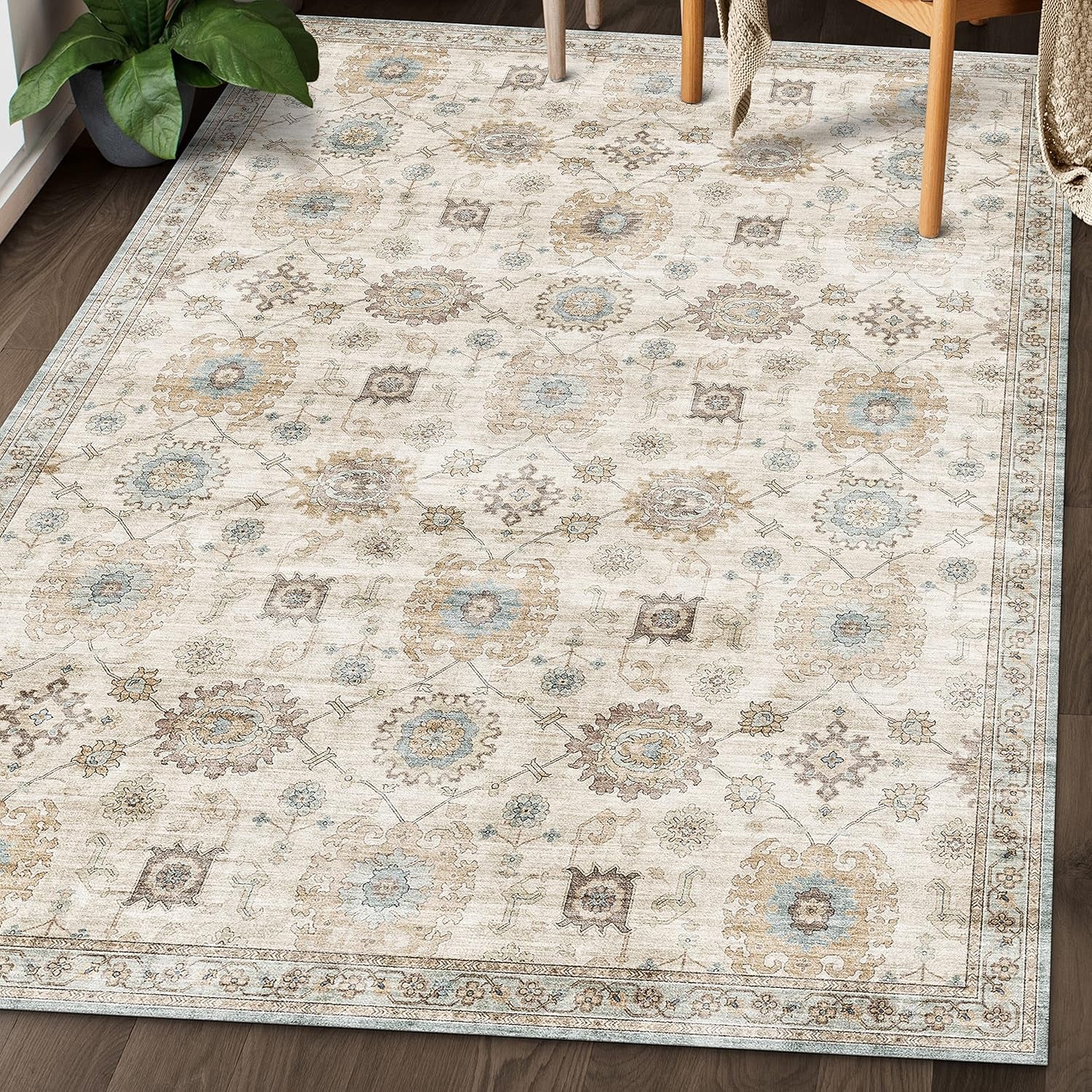 Machine Washable Area Rug - Living Room Bedroom Bathroom Kitchen Entryway Office - Padded Low Pile Stain Resistant Premium - Boho Vintage Traditional - Lyle - Blue 7'6" X 9'6"